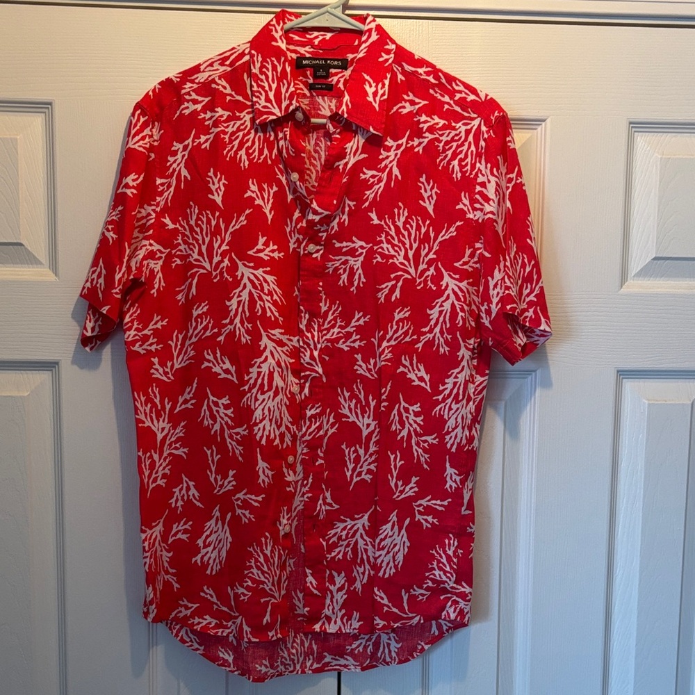 Michael Kors Vibrant Red Shirt with White Coral Pattern -100% linen